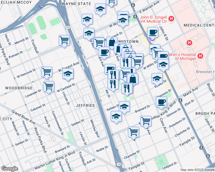 map of restaurants, bars, coffee shops, grocery stores, and more near 4255 3rd Avenue in Detroit