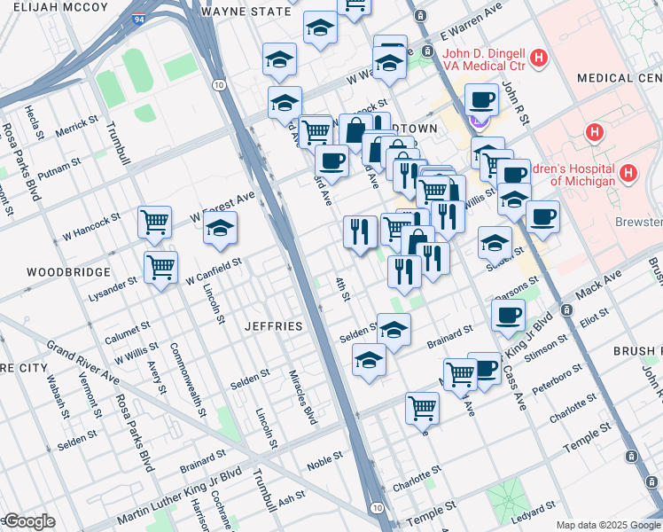 map of restaurants, bars, coffee shops, grocery stores, and more near 4255 3rd Avenue in Detroit