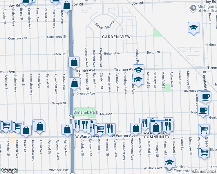 map of restaurants, bars, coffee shops, grocery stores, and more near 7787 Memorial Street in Detroit