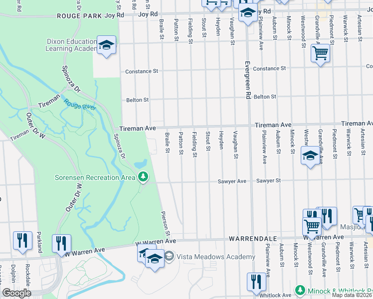 map of restaurants, bars, coffee shops, grocery stores, and more near 7794 Patton Street in Detroit