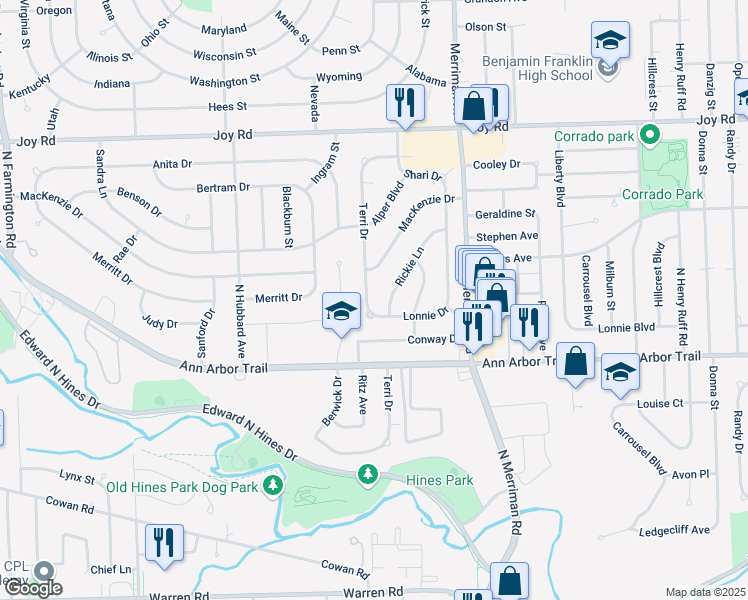 map of restaurants, bars, coffee shops, grocery stores, and more near 31739 Mackenzie Drive in Westland