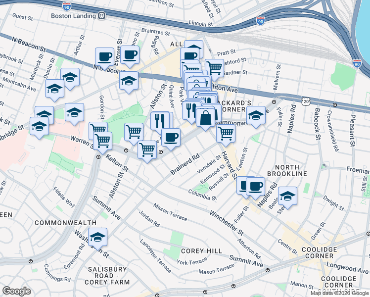 map of restaurants, bars, coffee shops, grocery stores, and more near 1277 Commonwealth Avenue in Boston