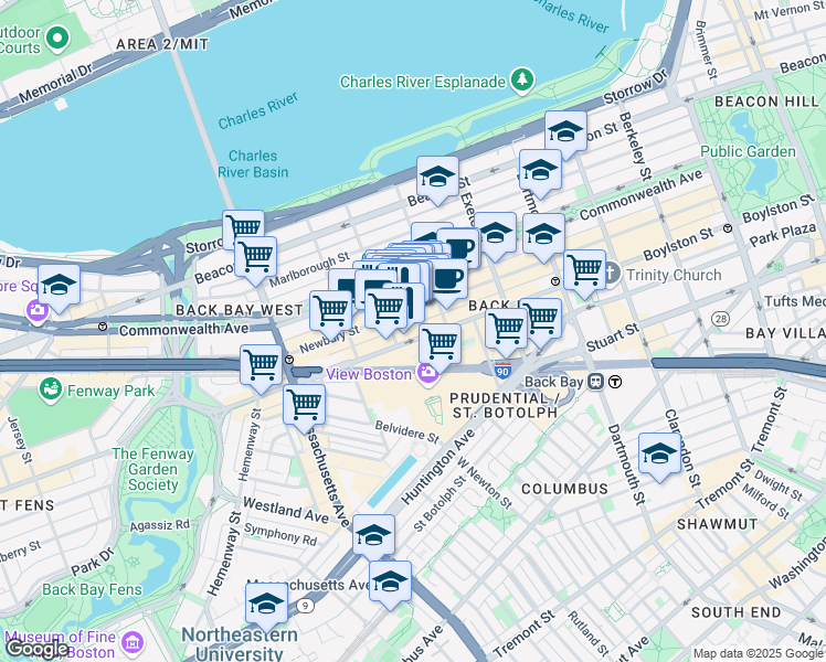 map of restaurants, bars, coffee shops, grocery stores, and more near in Boston