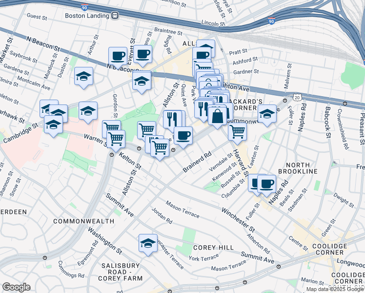 map of restaurants, bars, coffee shops, grocery stores, and more near Commonwealth Avenue & Griggs Street in Boston