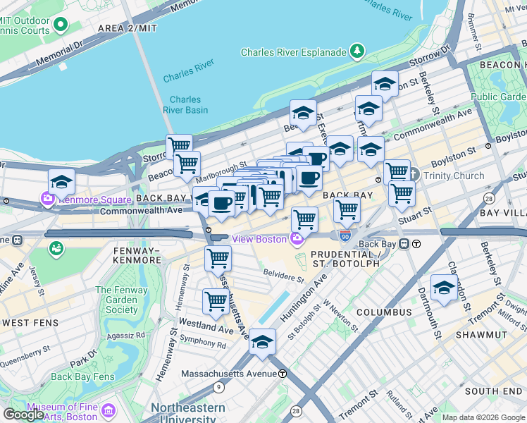 map of restaurants, bars, coffee shops, grocery stores, and more near 290 Newbury Street in Boston