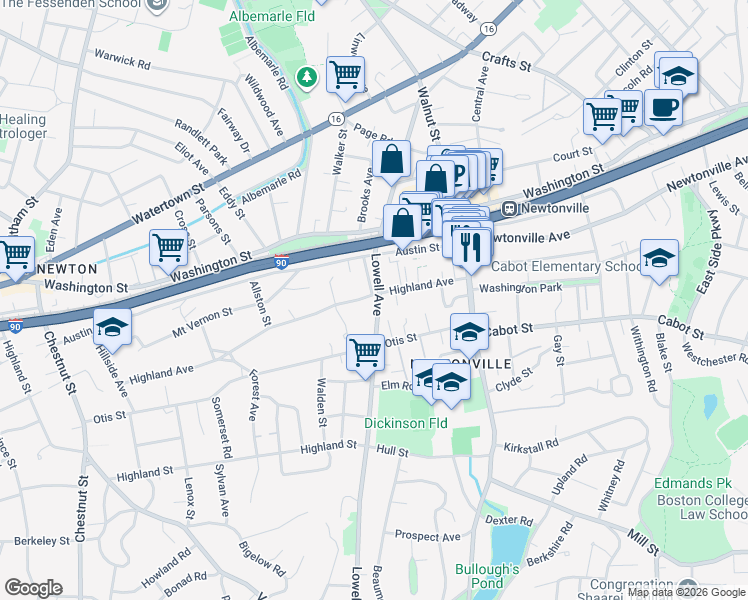 map of restaurants, bars, coffee shops, grocery stores, and more near 90 Highland Avenue in Newton