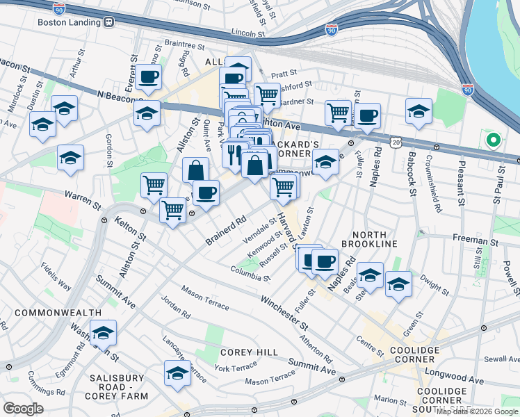 map of restaurants, bars, coffee shops, grocery stores, and more near 1254 Commonwealth Avenue in Boston