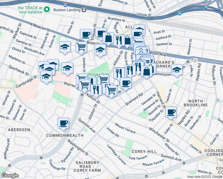 map of restaurants, bars, coffee shops, grocery stores, and more near 28 Long Avenue in Boston