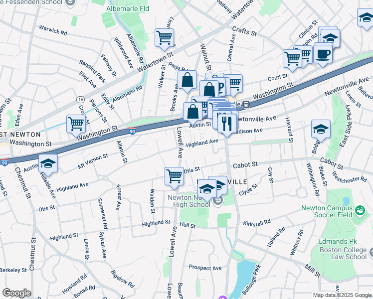 map of restaurants, bars, coffee shops, grocery stores, and more near 78 Highland Avenue in Newton