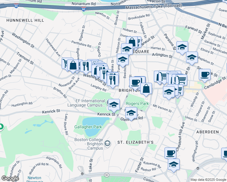 map of restaurants, bars, coffee shops, grocery stores, and more near 11 Fairbanks Street in Boston