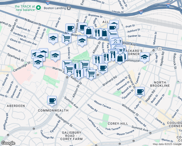 map of restaurants, bars, coffee shops, grocery stores, and more near 118 Glenville Avenue in Boston