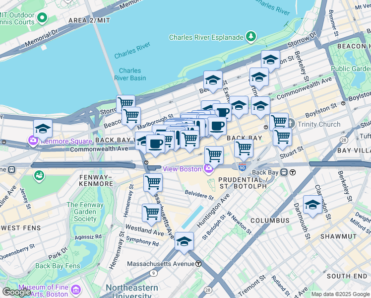 map of restaurants, bars, coffee shops, grocery stores, and more near 296 Commonwealth Avenue in Boston