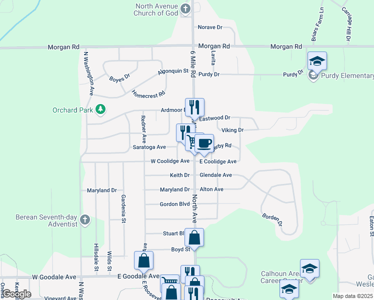map of restaurants, bars, coffee shops, grocery stores, and more near 883 North Avenue in Battle Creek