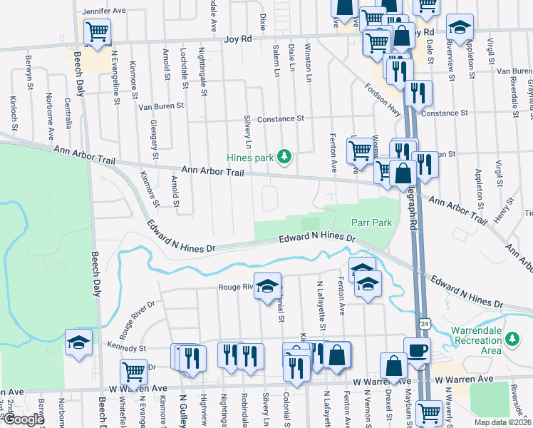 map of restaurants, bars, coffee shops, grocery stores, and more near 173 Legacy Park Circle in Dearborn Heights
