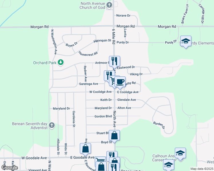 map of restaurants, bars, coffee shops, grocery stores, and more near 883 North Avenue in Battle Creek