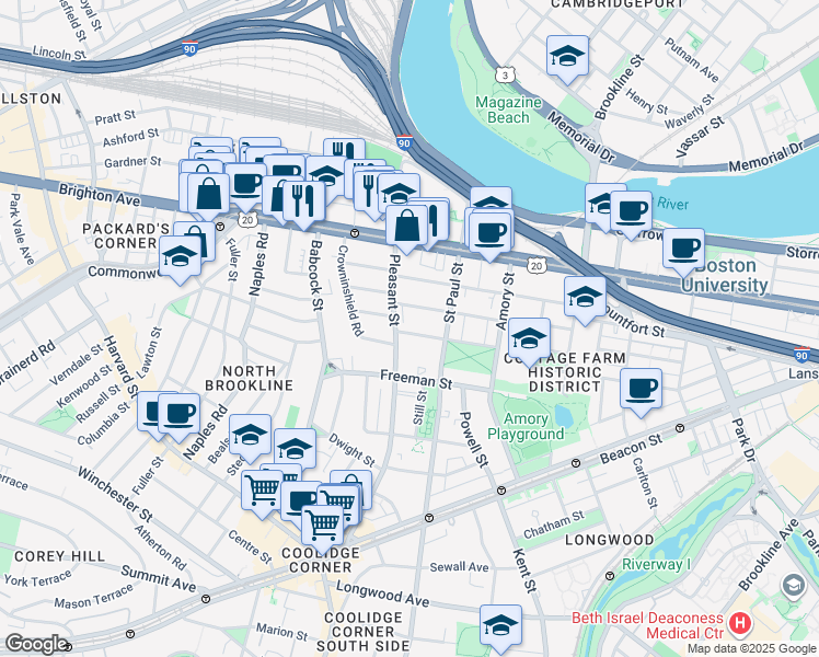 map of restaurants, bars, coffee shops, grocery stores, and more near 73 Thatcher Street in Brookline