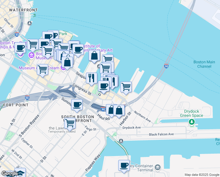 map of restaurants, bars, coffee shops, grocery stores, and more near 1 Fish Pier Street East in Boston