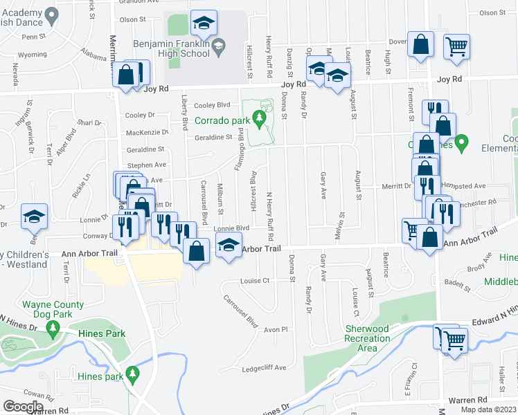 map of restaurants, bars, coffee shops, grocery stores, and more near 8158 Hillcrest Boulevard in Westland