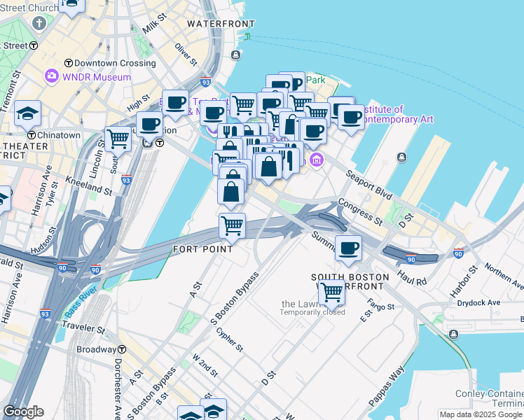 map of restaurants, bars, coffee shops, grocery stores, and more near 315 A Street in Boston