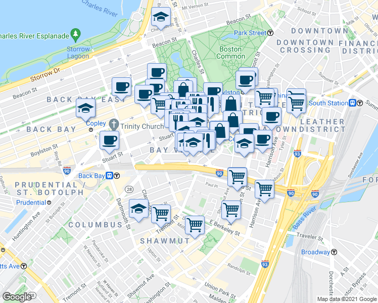 map of restaurants, bars, coffee shops, grocery stores, and more near 136 Arlington Street in Boston