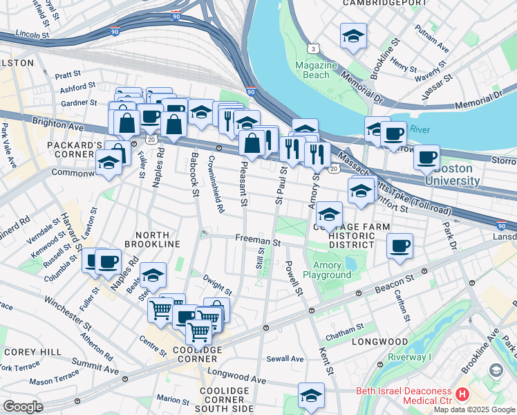 map of restaurants, bars, coffee shops, grocery stores, and more near 76 Egmont Street in Brookline