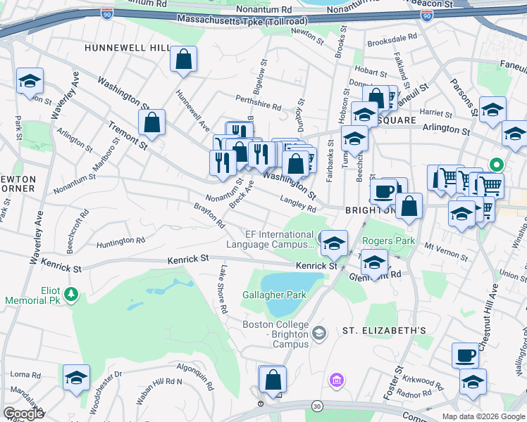 map of restaurants, bars, coffee shops, grocery stores, and more near 18 North Crescent Circuit in Boston