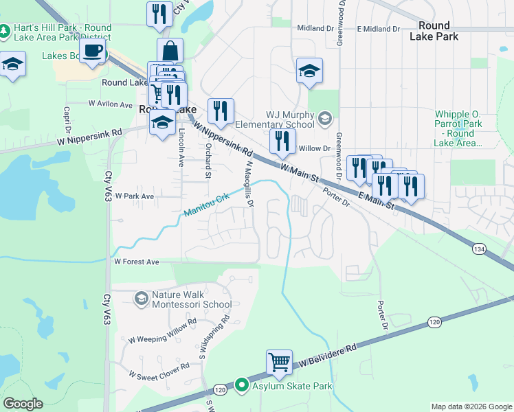 map of restaurants, bars, coffee shops, grocery stores, and more near 99 North Macgillis Drive in Round Lake