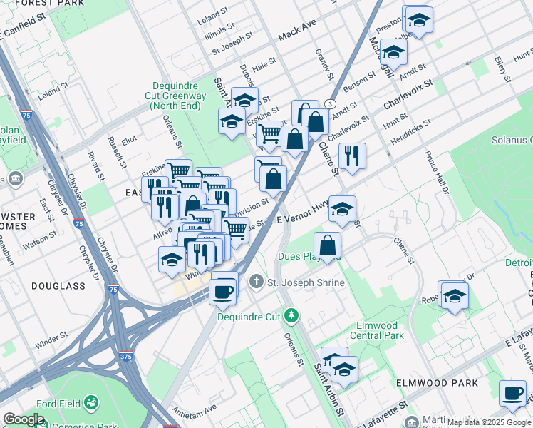 map of restaurants, bars, coffee shops, grocery stores, and more near 1977 Division Street in Detroit
