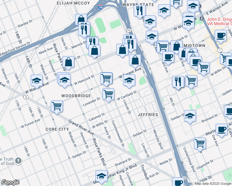 map of restaurants, bars, coffee shops, grocery stores, and more near 4500 Trumbull in Detroit