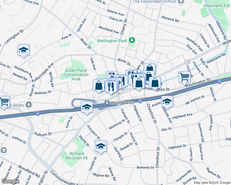 map of restaurants, bars, coffee shops, grocery stores, and more near 437 Cherry Street in Newton