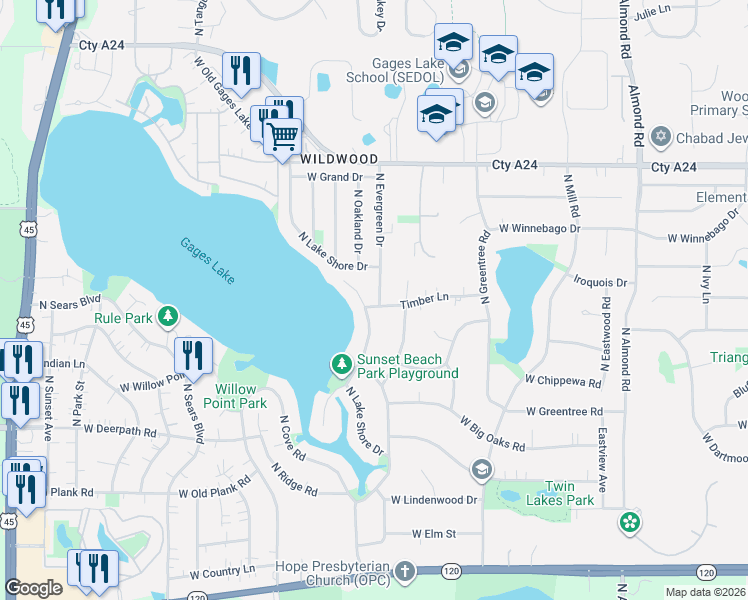 map of restaurants, bars, coffee shops, grocery stores, and more near 33495 North Evergreen Drive in Grayslake