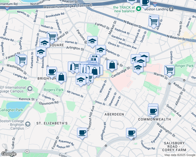 map of restaurants, bars, coffee shops, grocery stores, and more near 8 Waldo Terrace in Boston