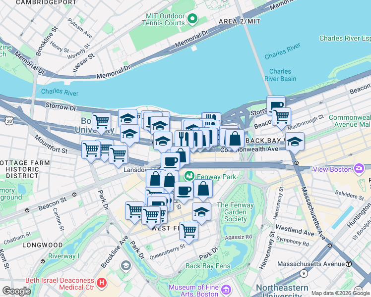 map of restaurants, bars, coffee shops, grocery stores, and more near Kenmore Square in Boston