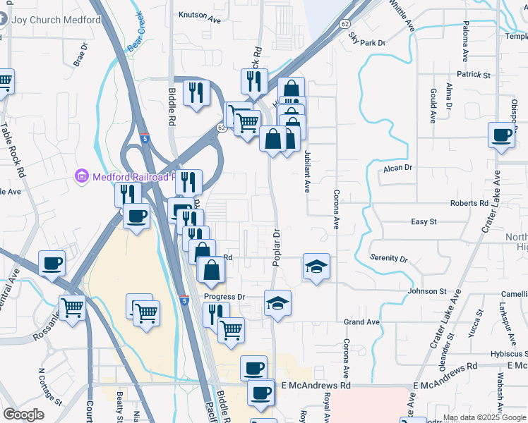 map of restaurants, bars, coffee shops, grocery stores, and more near 2101 Poplar Drive in Medford