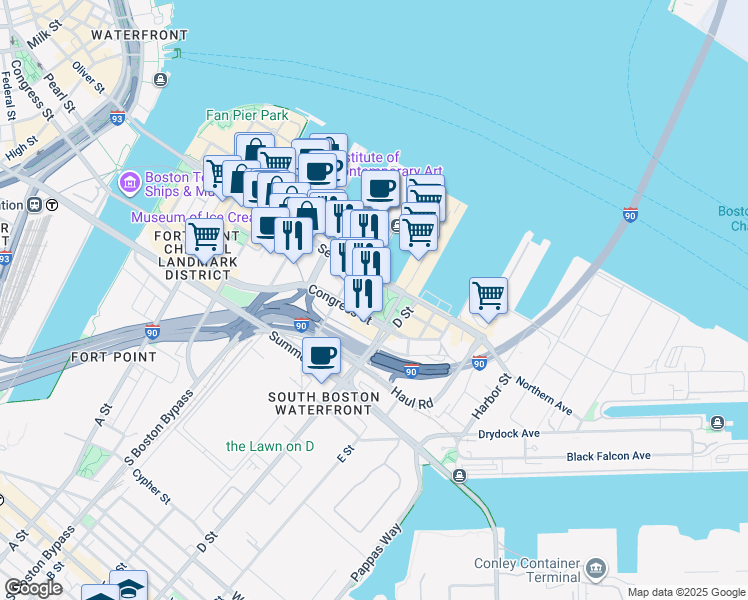 map of restaurants, bars, coffee shops, grocery stores, and more near 1 Seaport Lane in Boston