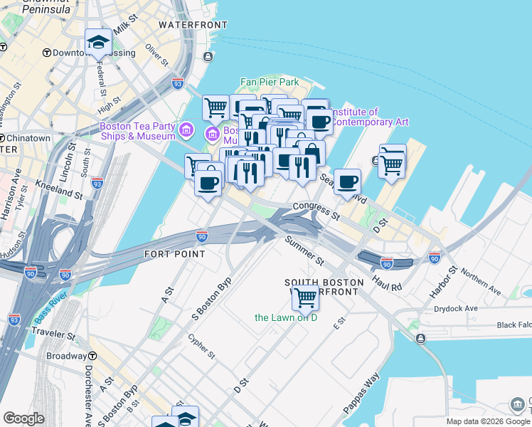 map of restaurants, bars, coffee shops, grocery stores, and more near in Boston
