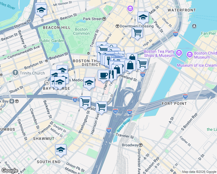 map of restaurants, bars, coffee shops, grocery stores, and more near 1 Hudson Street in Boston