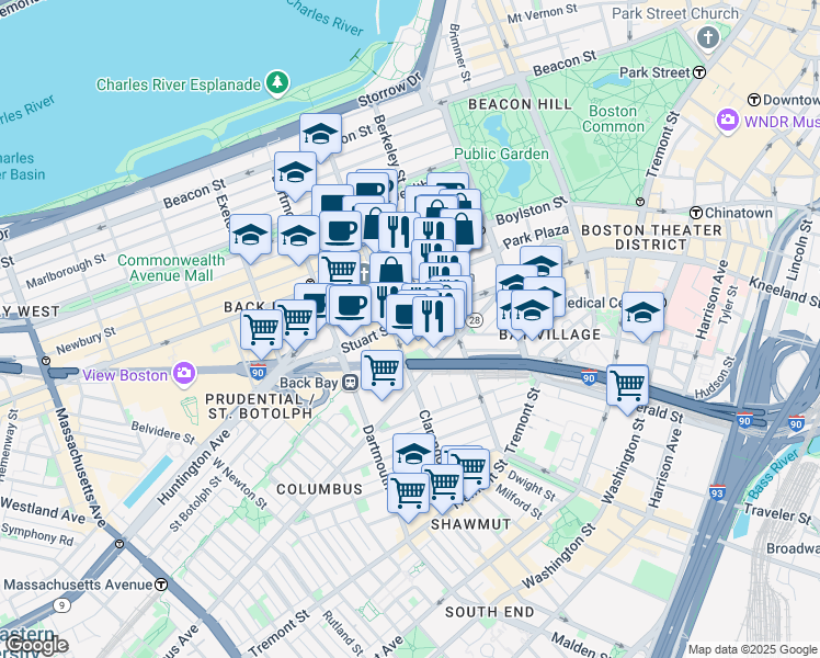 map of restaurants, bars, coffee shops, grocery stores, and more near 385 Stuart Street in Boston
