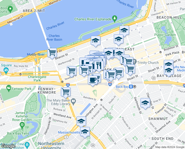 map of restaurants, bars, coffee shops, grocery stores, and more near 219 Newbury Street in Boston