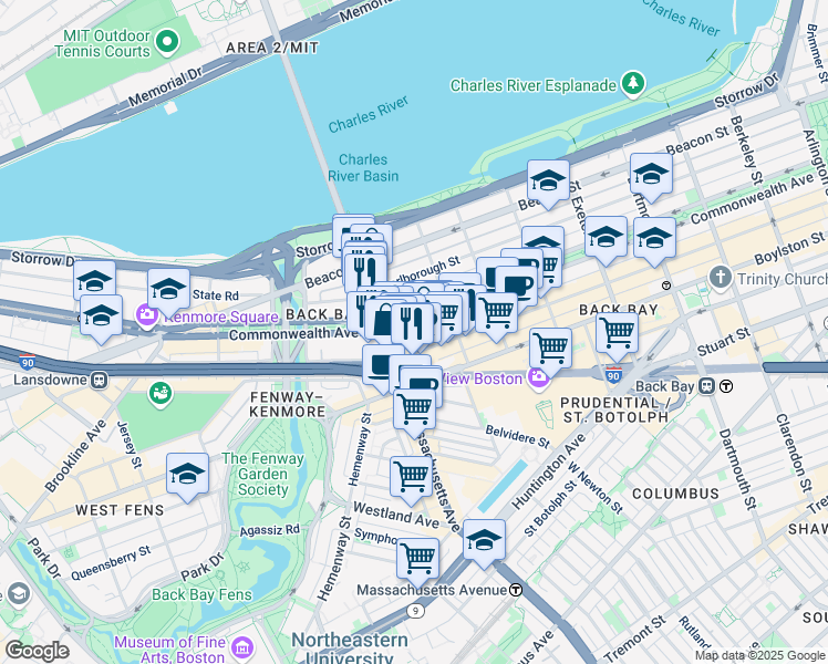 map of restaurants, bars, coffee shops, grocery stores, and more near 345 Commonwealth Avenue in Boston