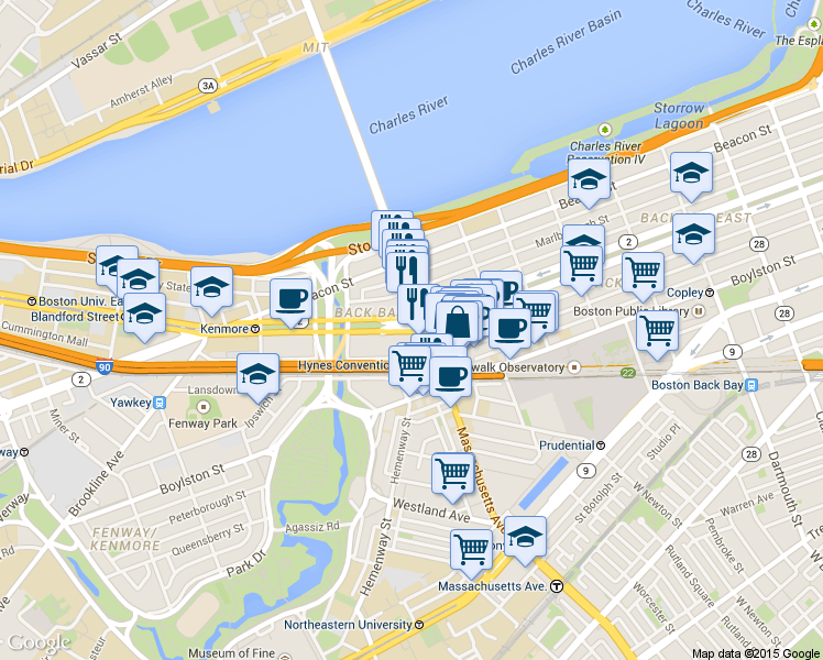 map of restaurants, bars, coffee shops, grocery stores, and more near 377 Commonwealth Avenue in Boston