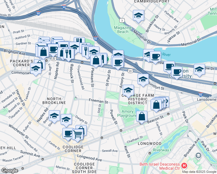 map of restaurants, bars, coffee shops, grocery stores, and more near 49 Egmont Street in Brookline