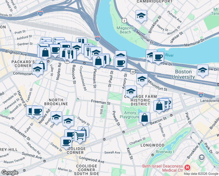 map of restaurants, bars, coffee shops, grocery stores, and more near 49 Egmont Street in Brookline