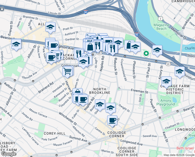 map of restaurants, bars, coffee shops, grocery stores, and more near 71 Abbottsford Road in Brookline