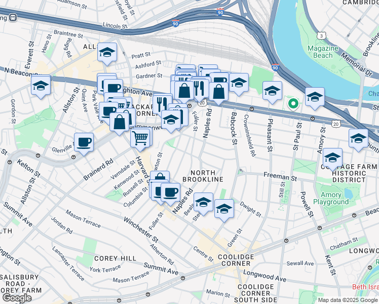 map of restaurants, bars, coffee shops, grocery stores, and more near 168 Coolidge Street in Brookline
