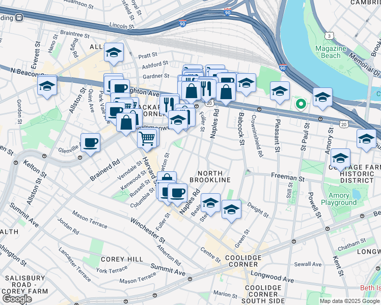 map of restaurants, bars, coffee shops, grocery stores, and more near 168 Coolidge Street in Brookline