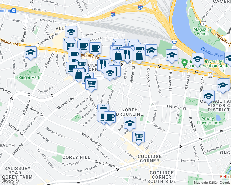 map of restaurants, bars, coffee shops, grocery stores, and more near 168 Coolidge Street in Brookline