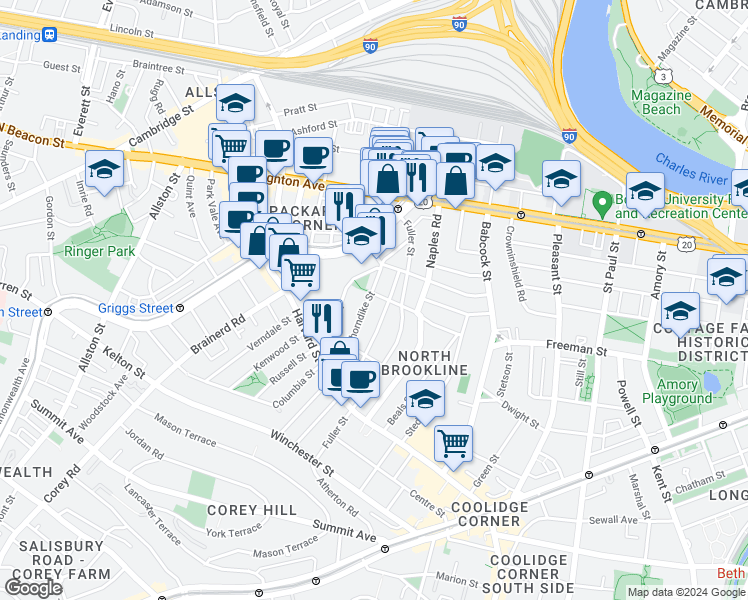 map of restaurants, bars, coffee shops, grocery stores, and more near 168 Coolidge Street in Brookline