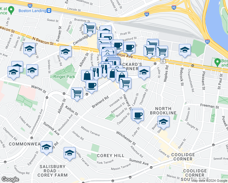 map of restaurants, bars, coffee shops, grocery stores, and more near 1242 Commonwealth Avenue in Boston