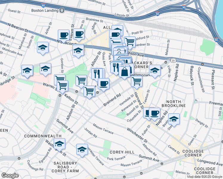 map of restaurants, bars, coffee shops, grocery stores, and more near 1277 Commonwealth Avenue in Boston
